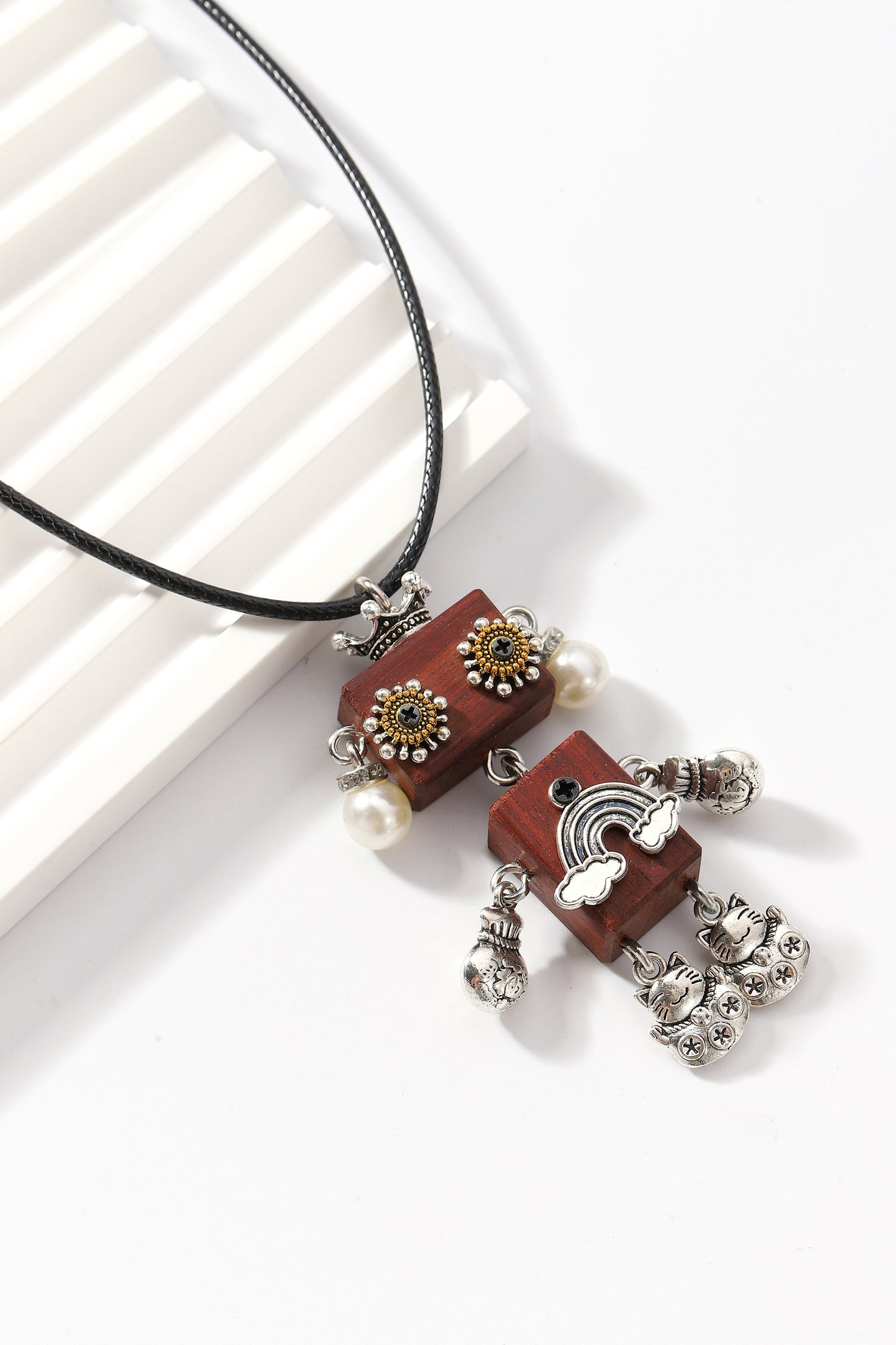 Steampunk robot pendant necklace, Girl Robot with a Pearl Earring, Artistic Handicraft Cute Wooden Art Necklace, Dainty Robot Girl Necklace,Trendy Statement Necklace