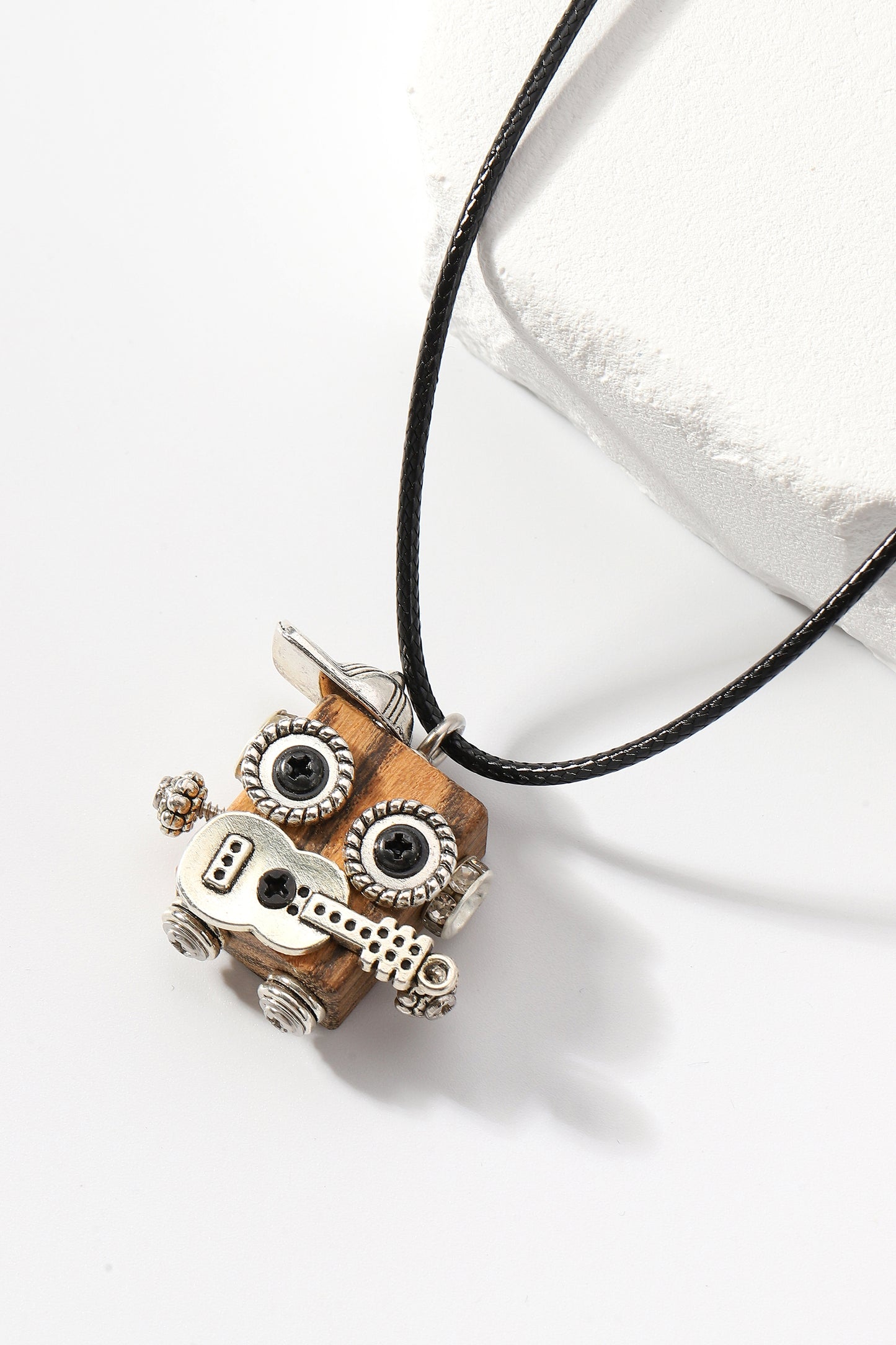 Handmade wooden robot pendant necklace, Guitar boy square robot necklace, Creative cute punk necklace, Trendy Robot necklace, Unisex Pendant Necklace
