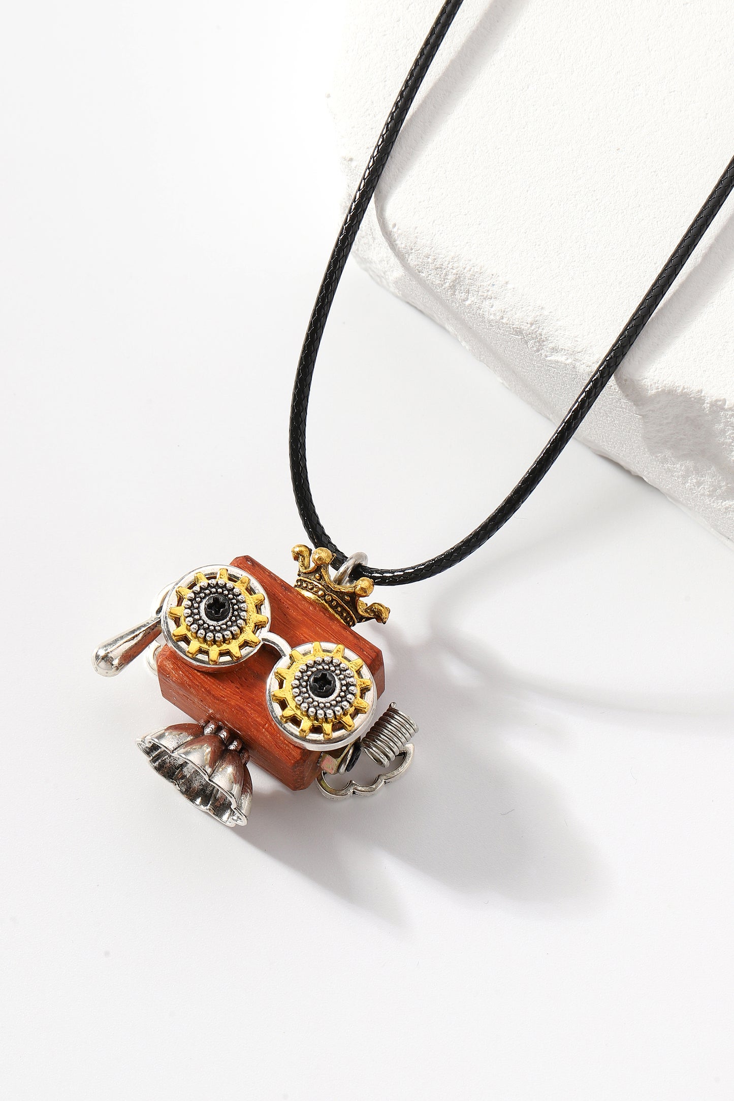 Handmade ethnic wooden robot necklace, Cute little square robot necklace, Trendy Cute Unisex Necklace, Delicate crown wood block robot necklace