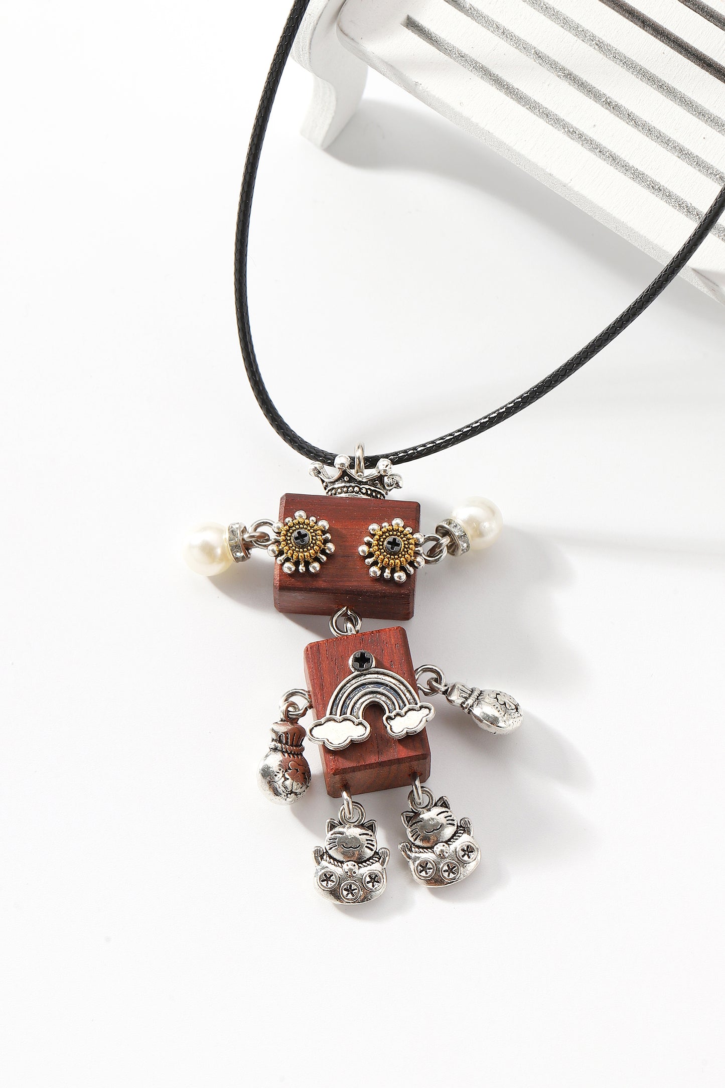 Steampunk robot pendant necklace, Girl Robot with a Pearl Earring, Artistic Handicraft Cute Wooden Art Necklace, Dainty Robot Girl Necklace,Trendy Statement Necklace