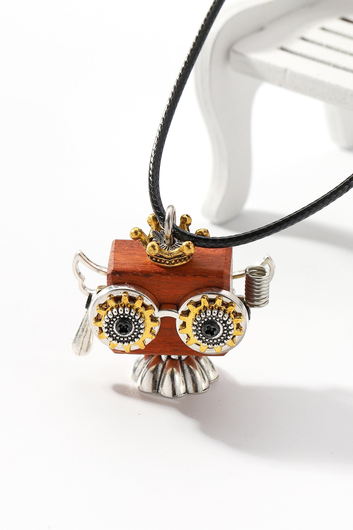 Handmade ethnic wooden robot necklace, Cute little square robot necklace, Trendy Cute Unisex Necklace, Delicate crown wood block robot necklace