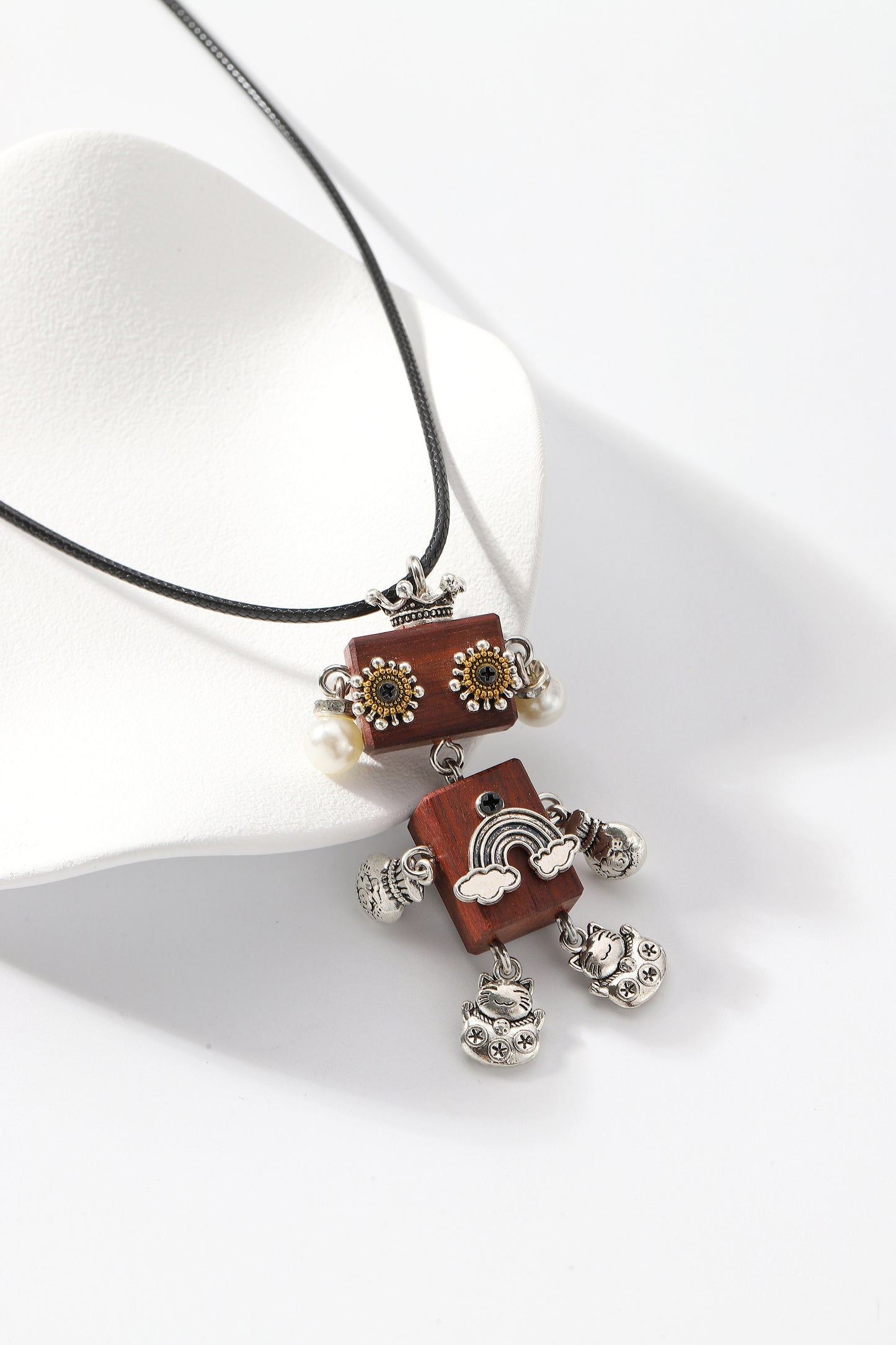 Steampunk robot pendant necklace, Girl Robot with a Pearl Earring, Artistic Handicraft Cute Wooden Art Necklace, Dainty Robot Girl Necklace,Trendy Statement Necklace