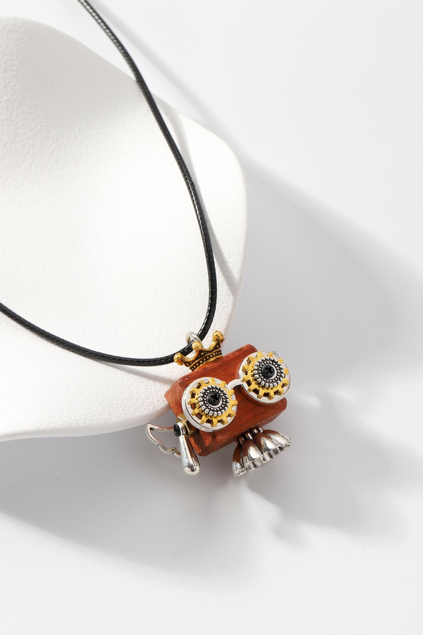 Handmade ethnic wooden robot necklace, Cute little square robot necklace, Trendy Cute Unisex Necklace, Delicate crown wood block robot necklace