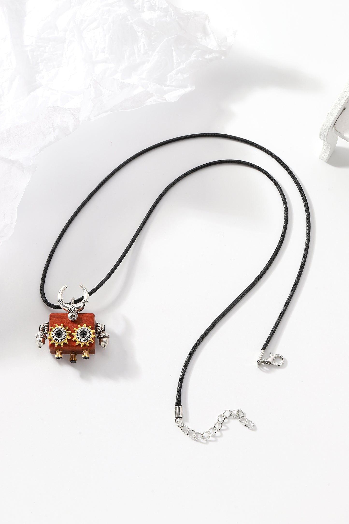 Handmade ethnic wooden robot necklace, Cute little square robot necklace, Trendy Cute Unisex Necklace, Delicate crown wood block robot necklace