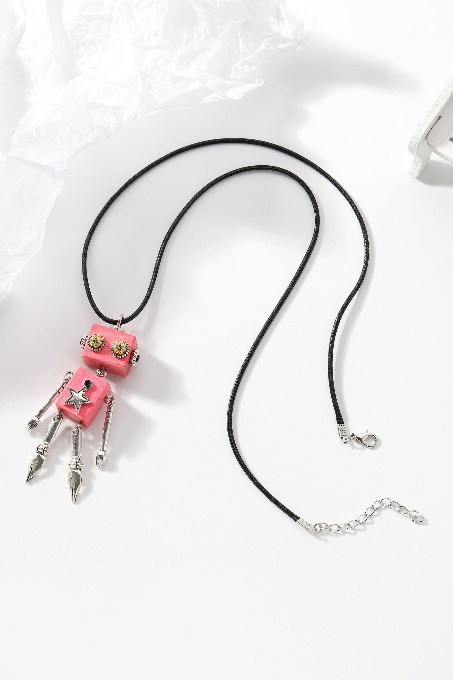 Pink hip-hop trendy robot-shaped pendant necklace, Steampunk robot pendant necklace, Artistic Handicraft Cute Wooden Art Necklace, Dainty Robot Girl Necklace,Trendy Statement Necklace