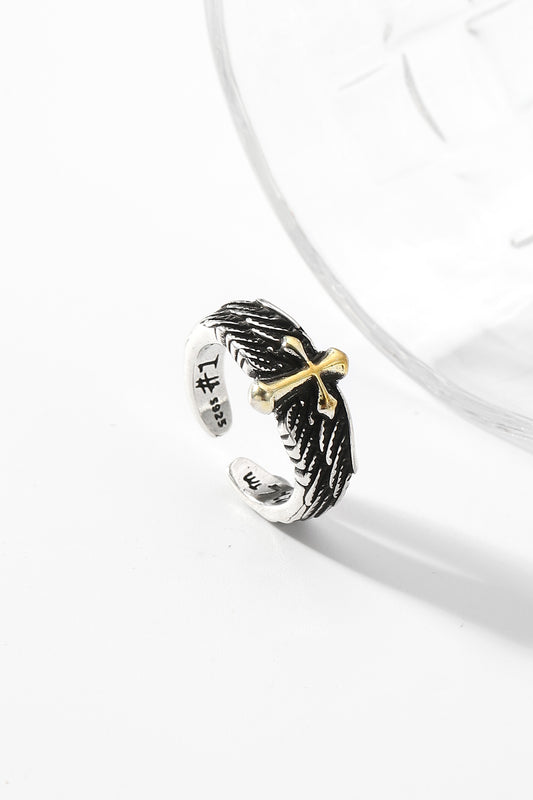 Vintage cross wing ring, Grey Silver Angel Wing Ring, Trendy Statement Gothic Ring, Silver and Black Jewelry Ring, Adjustable Open Ring