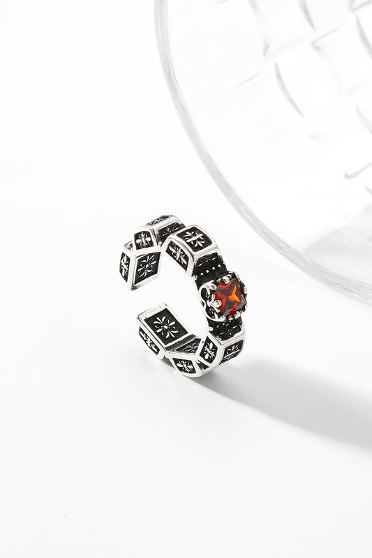 Imperious trend silver and black ring, Solid geometry textured ring, Punkgoth dark statement ring, Red square zirconia ring