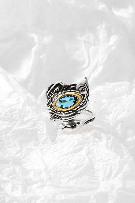 Alpha bird feather ring, Vintage topaz ring, Statement Dark Ring, Roc golden wings bird feather ring, Silver and black exaggerated ring, Game animation ring