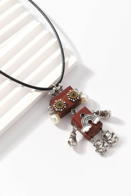 Steampunk robot pendant necklace, Girl Robot with a Pearl Earring, Artistic Handicraft Cute Wooden Art Necklace, Dainty Robot Girl Necklace,Trendy Statement Necklace