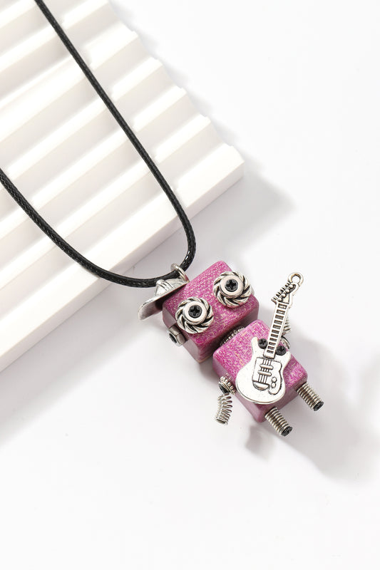 Pink hip-hop guitar robot pendant necklace, Steampunk robot pendant necklace, Artistic Handicraft Cute Wooden Art Necklace, Dainty Robot Guy Necklace,Trendy Statement Necklace