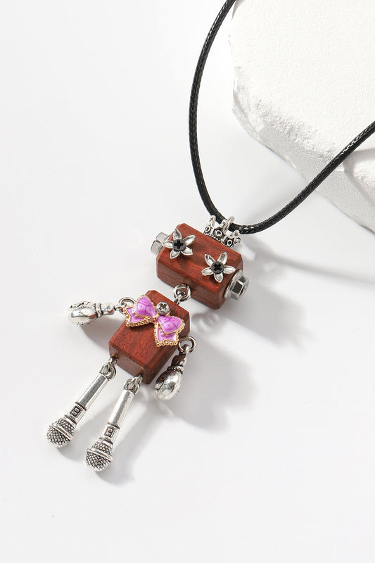 Beautiful robot with a pink bow heart, Steampunk robot pendant necklace, Artistic Handicraft Cute Wooden Art Necklace, Dainty Robot Girl Necklace,Trendy Statement Necklace