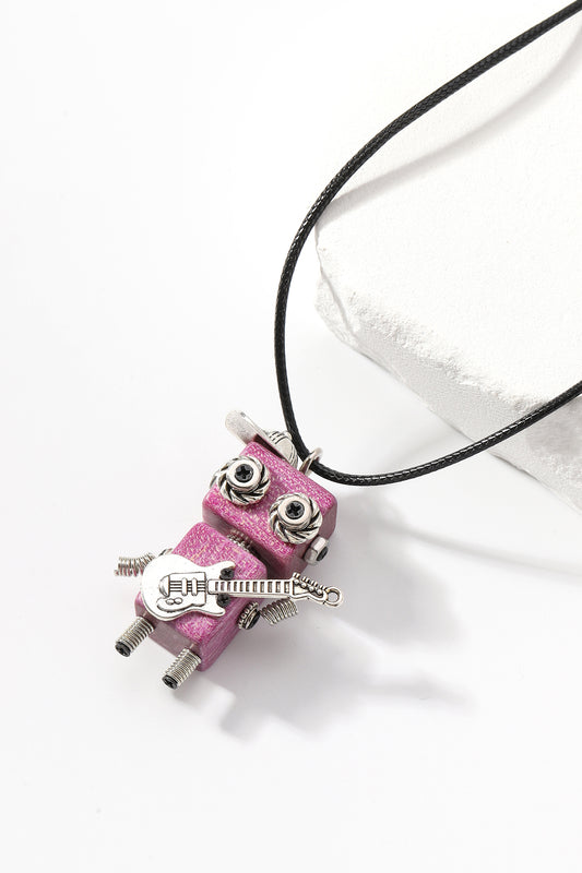 Pink hip-hop guitar robot pendant necklace, Steampunk robot pendant necklace, Artistic Handicraft Cute Wooden Art Necklace, Dainty Robot Guy Necklace,Trendy Statement Necklace