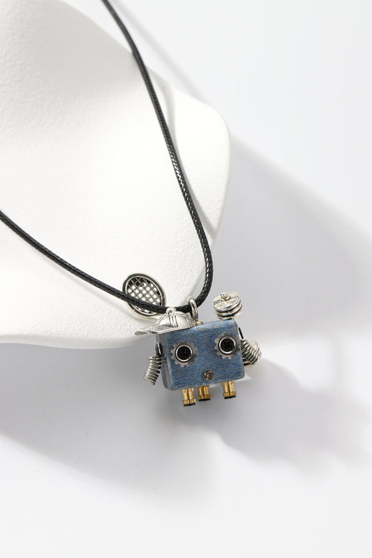 Handmade wooden robot necklace, Small blue square cute cartoon robot pendant necklace, Trendy Cute Unisex Necklace, Tennis boy robot necklace